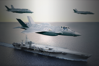 F35s flying near an aircraft carrier